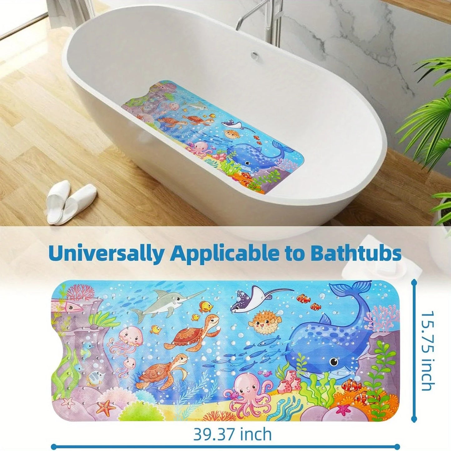 Halobios Blue Non Slip Extra-Long 40 X 16 Inch Bathtub Mat with Suction Cup and Drain Hole, Machine Washable