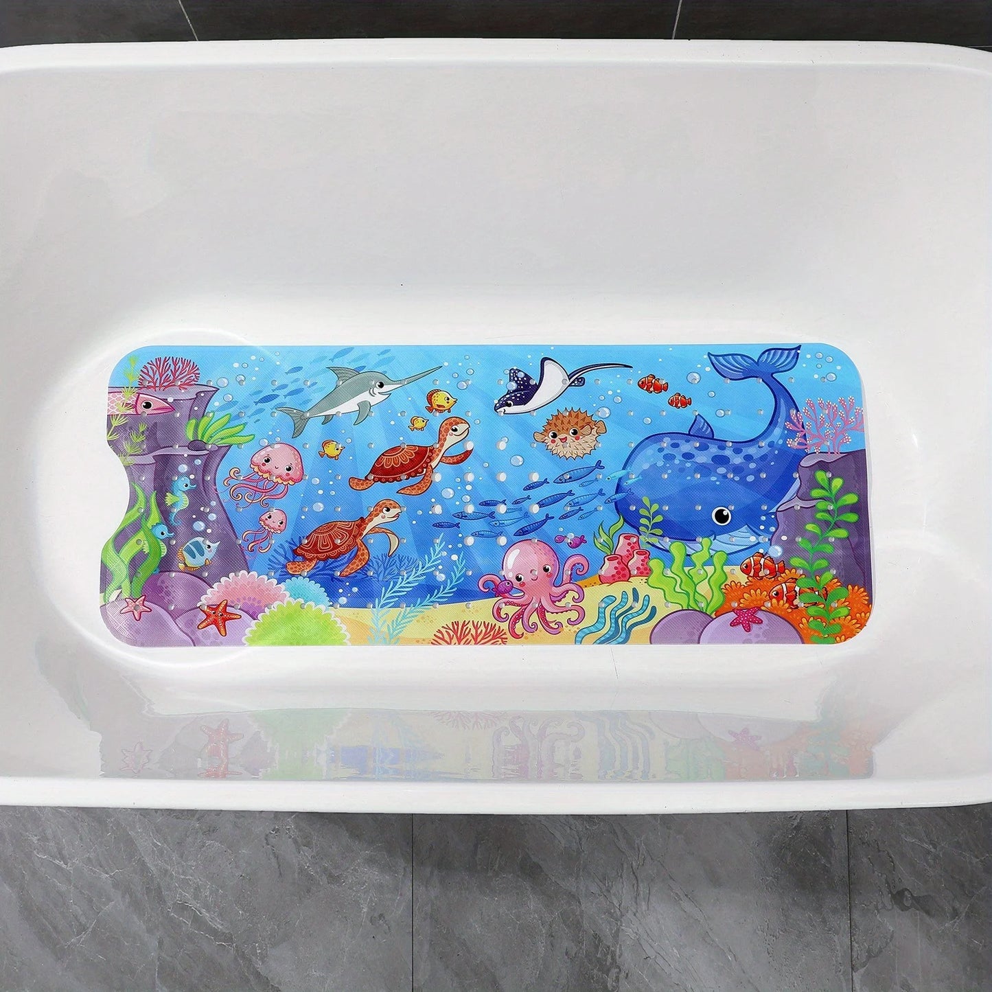 Halobios Blue Non Slip Extra-Long 40 X 16 Inch Bathtub Mat with Suction Cup and Drain Hole, Machine Washable