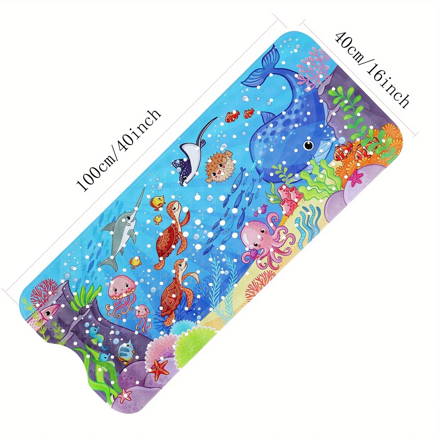 Halobios Blue Non Slip Extra-Long 40 X 16 Inch Bathtub Mat with Suction Cup and Drain Hole, Machine Washable