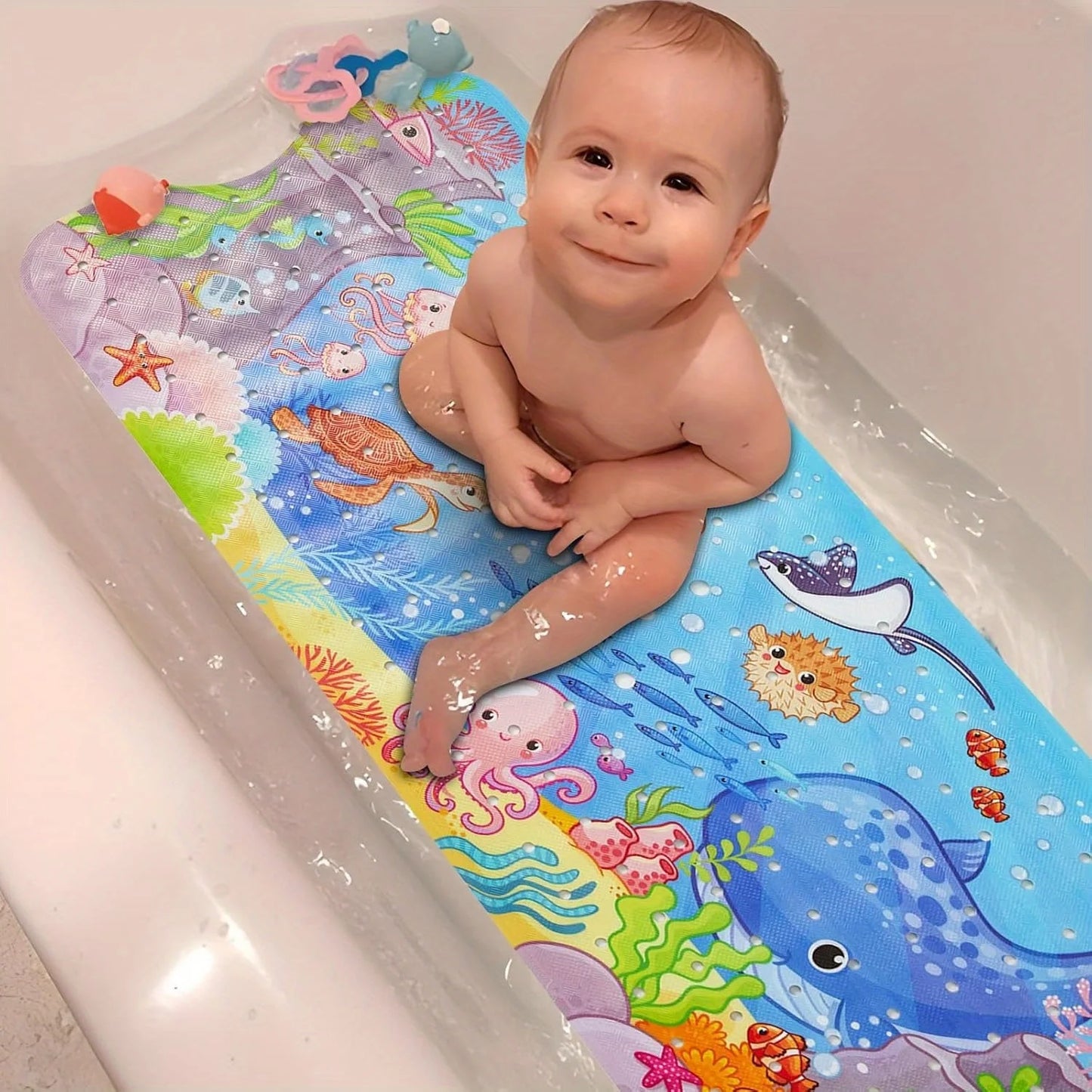 Halobios Blue Non Slip Extra-Long 40 X 16 Inch Bathtub Mat with Suction Cup and Drain Hole, Machine Washable