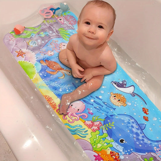 Halobios Blue Non Slip Extra-Long 40 X 16 Inch Bathtub Mat with Suction Cup and Drain Hole, Machine Washable