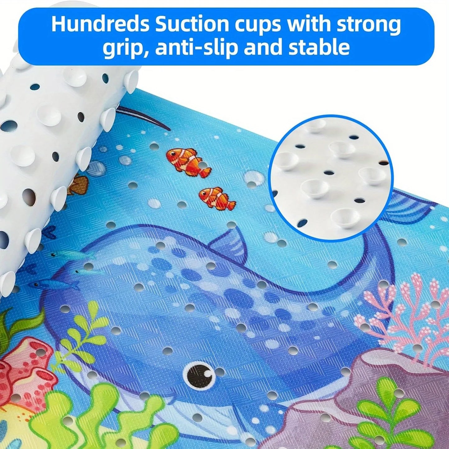Halobios Blue Non Slip Extra-Long 40 X 16 Inch Bathtub Mat with Suction Cup and Drain Hole, Machine Washable